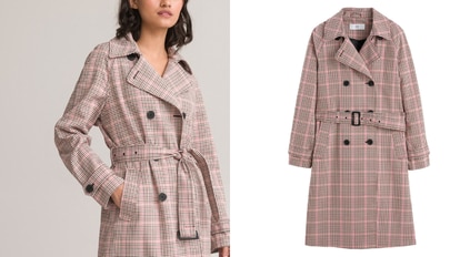 Acest trenci de dama, de la brandul de moda La Redoute, are o lungime lunga si opt nasturi la inchidere.